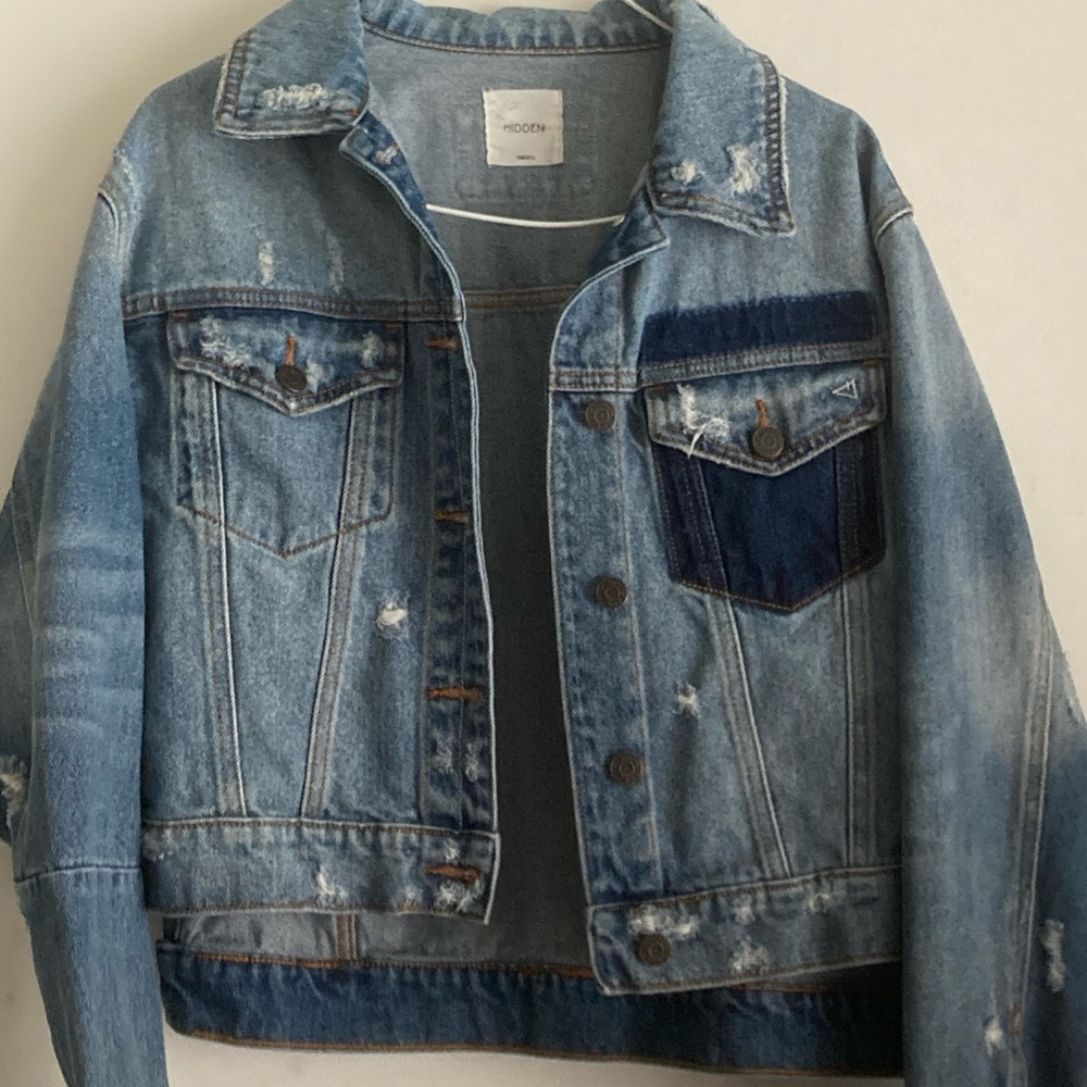 New hidden Distressed Denim Jacket with Dark Blue Pocket